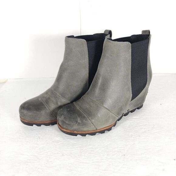 Sorel Women's Lea US6 Wedge Waterproof Leather Gray Chelsea Ankle Booties Boots - Picture 1 of 12